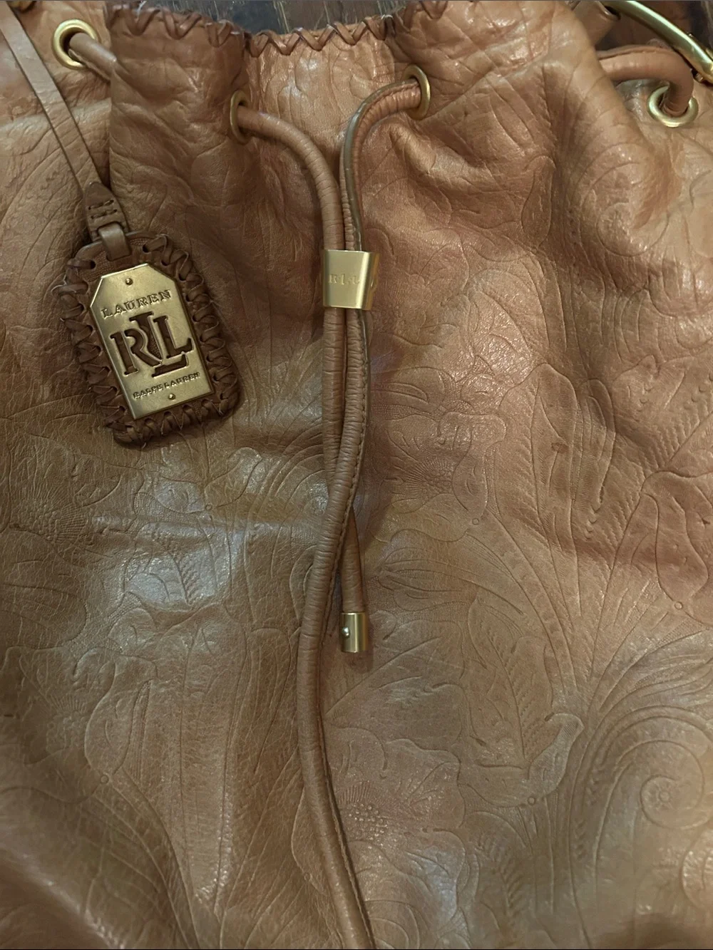 Ralph Lauren Tan Embossed Leather Drawstring Hobo